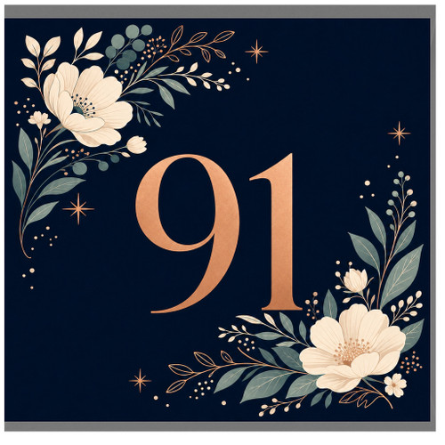 91st Birthday Card, Floral Navy Blue 91 Birthday Card