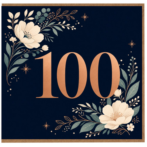 100th Birthday Card, Elegant Floral Navy 100 Design