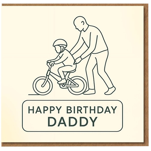 Daddy Birthday Card from Son or Daughter - Happy Birthday Daddy - Cute Line Art Dad and Child on Bike - Sweet Father Card for Dad
