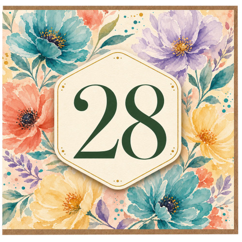 28th Birthday Card, Floral Watercolour Number 28 Card