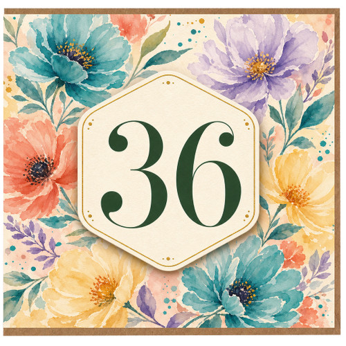 36th Birthday Card, Floral Watercolour Number 36 Card