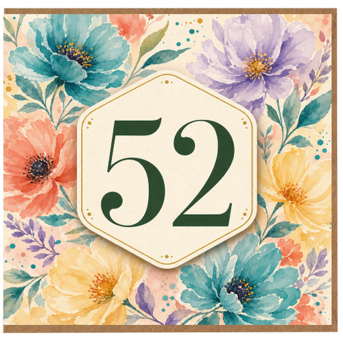 52nd Birthday Card, Floral Watercolour 52 Card