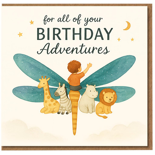 For All of Your Birthday Adventures Kids Birthday Card - Cute Animal Dragonfly Design - Children's Card with Giraffe, Zebra, Hippo & Lion