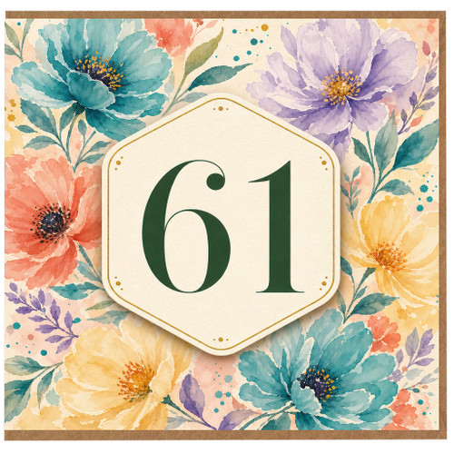 61st Birthday Card, Floral Watercolour Number 61 Card