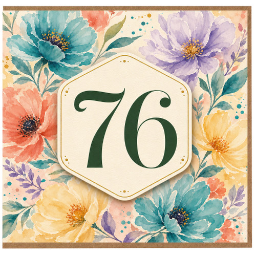 76th Birthday Card, Floral Watercolour Number 76 Card