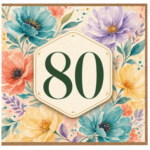 80th Birthday Card, Floral Watercolour Design