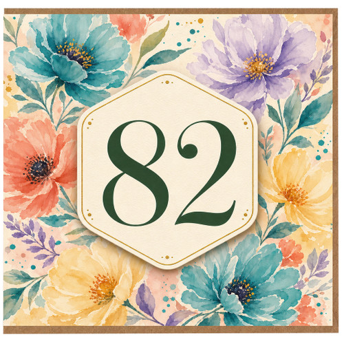 82nd Birthday Card, Floral Watercolour Number 82 Card
