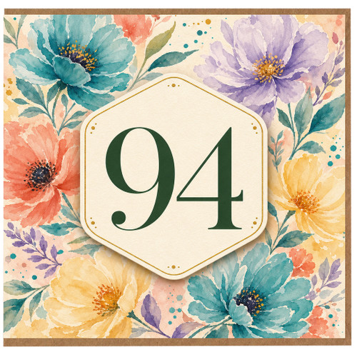 94th Birthday Card, Floral Watercolour Number 94 Card