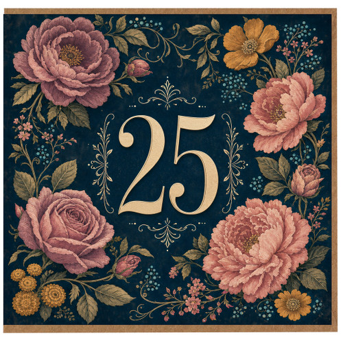 25th Birthday Card, Elegant Floral Gold Number 25 Design