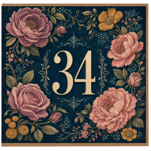 34th Birthday Card, Floral Gold Number 34 Birthday Card