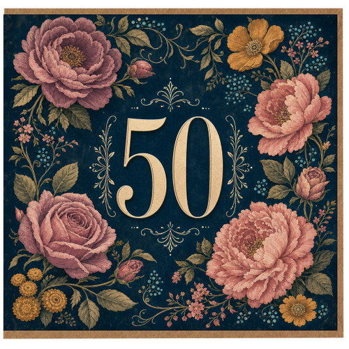 50th Birthday Card, Floral Gold 50 Design