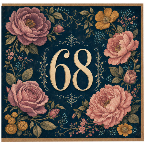 68th Birthday Card, Floral Gold Number Card