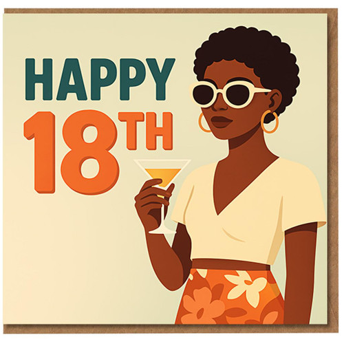 Happy 18th Birthday Card - Stylish Woman with Cocktail - Modern Retro Illustration - 18th Birthday Card for Her - A5 Greeting with Envelope