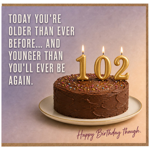 102nd Birthday Card, Funny Happy Birthday Card with Cake and 102 Candles