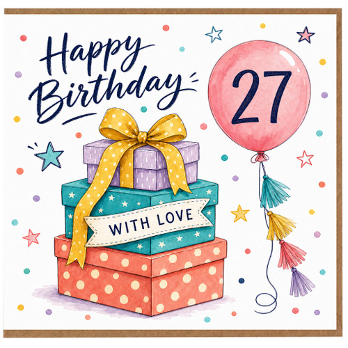 27th Birthday Card, With Love Balloon and Gifts