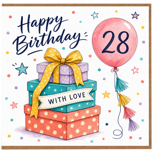 28th Birthday Card, Happy Birthday with Love Balloon and Gift Boxes Card