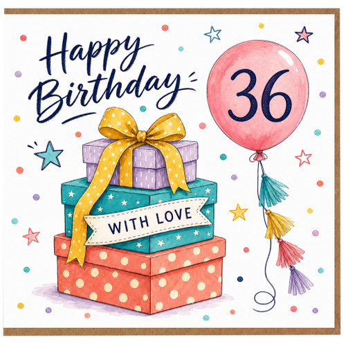 36th Birthday Card, Happy Birthday 36 Balloon and Gifts Design