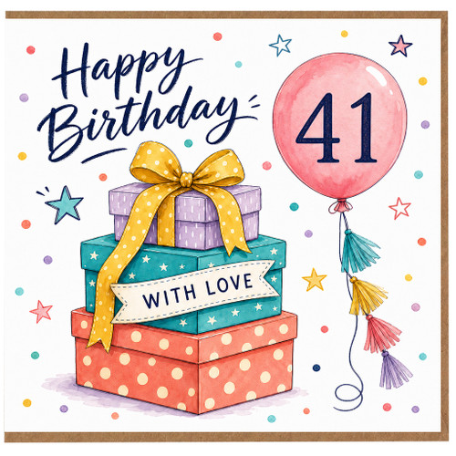41st Birthday Card, Happy Birthday 41 Card With Love Gifts and Balloon