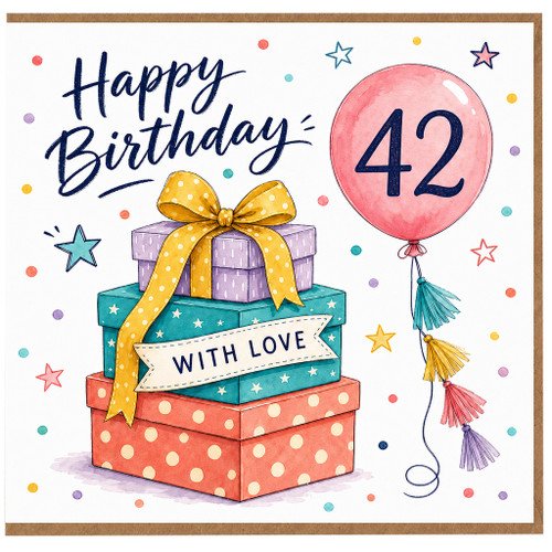 42nd Birthday Card, Happy Birthday With Love Gift Box Design