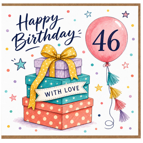 46th Birthday Card, Happy Birthday with Love Gift Box Balloon Design