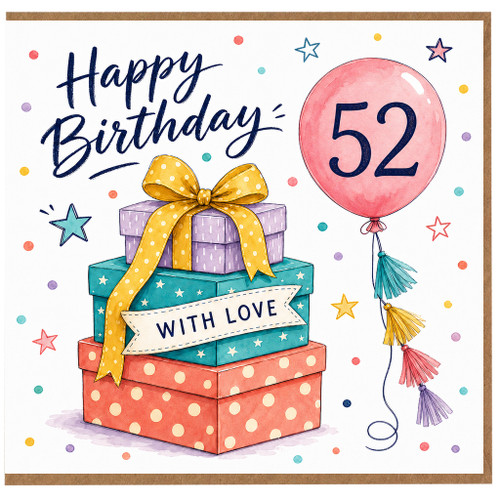 52nd Birthday Card, Happy Birthday Gift Boxes and Balloon Design