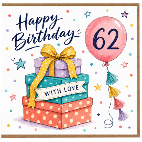 62nd Birthday Card, Happy Birthday With Love Gift Boxes and Balloon