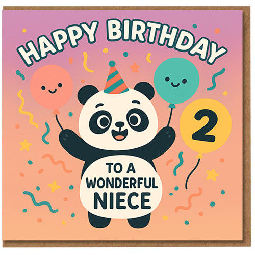 Cute Panda 2nd Birthday Card for Niece - To a Wonderful Niece - Happy Birthday Age 2 - Colourful Balloons and Confetti Design