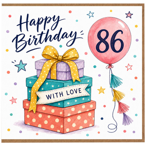 86th Birthday Card, Happy Birthday With Love Gifts and Balloon Design