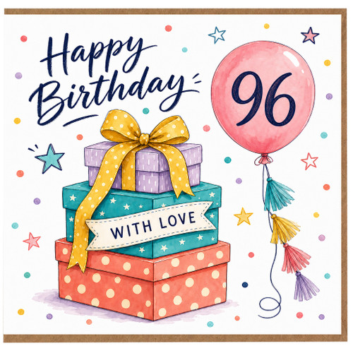 96th Birthday Card, Happy Birthday Card with Gifts and Balloon