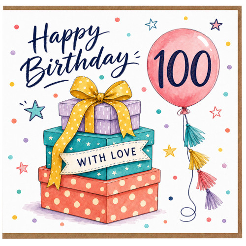 100th Birthday Card, Happy Birthday with Gifts and Balloon Design