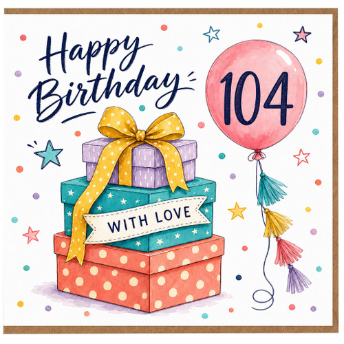 104th Birthday Card, Happy Birthday 104 with Gift Boxes and Balloon