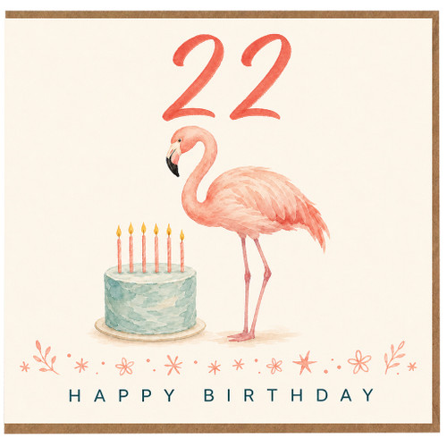 22nd Birthday Card, Flamingo and Cake Happy Birthday Card