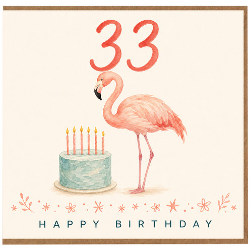 33rd Birthday Card, Flamingo and Cake
