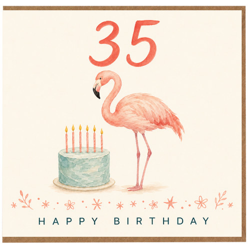 35th Birthday Card, Flamingo Cake Happy Birthday Card