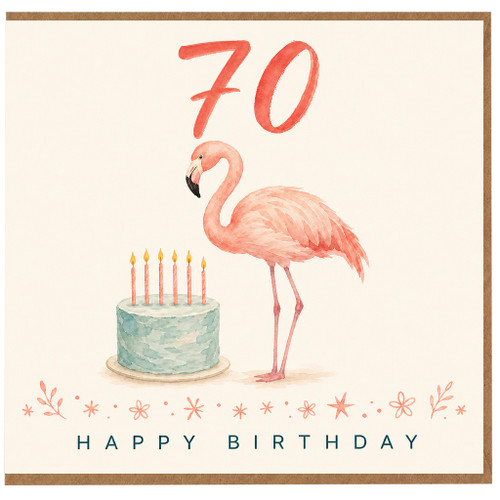 70th Birthday Card, Flamingo and Cake Happy Birthday Card