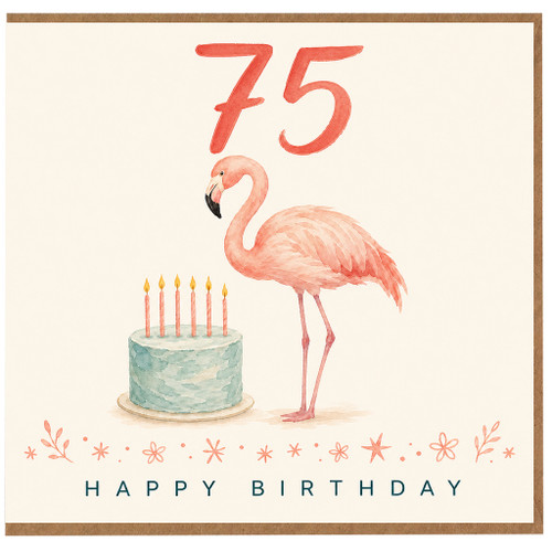 75th Birthday Card, Flamingo and Cake Happy Birthday Card