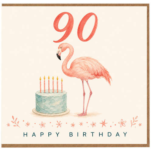 90th Birthday Card, Flamingo Birthday Card for Her, Watercolour Happy Birthday Card