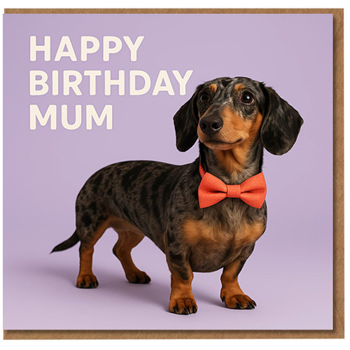 Happy Birthday Mum Card - Cute Dachshund Sausage Dog with Orange Bow Tie - Funny Mum Birthday Greeting Card