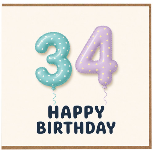 34th Birthday Card, Balloon Number Happy Birthday Card