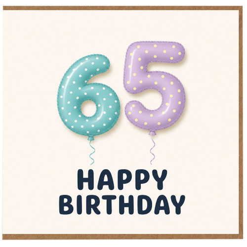 65th Birthday Card, Happy Birthday Balloon Number Design