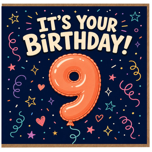 9th Birthday Card, Colourful Balloon and Confetti Design