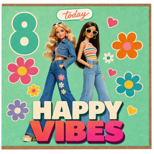 8th Birthday Card, Happy Vibes Retro Floral Card
