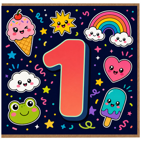 1st Birthday Card, Cute Kawaii Number One Birthday Card