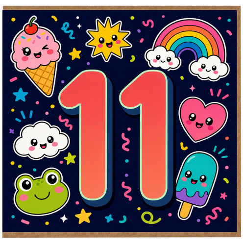 11th Birthday Card, Cute Kawaii Number One Rainbow and Characters