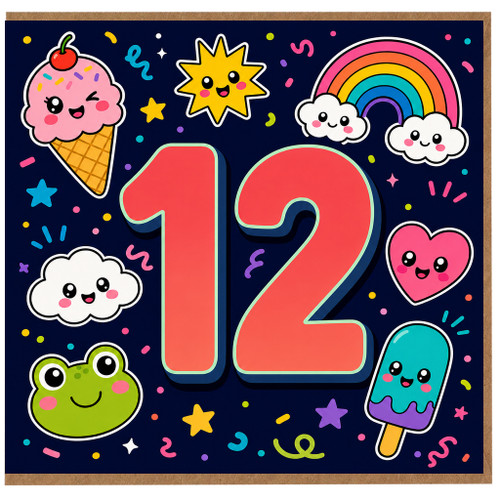 12th Birthday Card, Cute Kawaii Colourful 12th Birthday Card