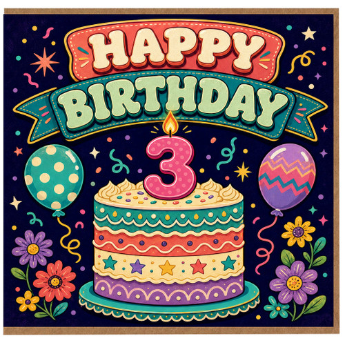 3rd Birthday Card, Happy Birthday Card for Age 3, Colourful Cake and Balloons Design