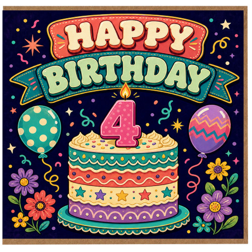 4th Birthday Card, Colourful Retro Cake and Balloons Birthday Card