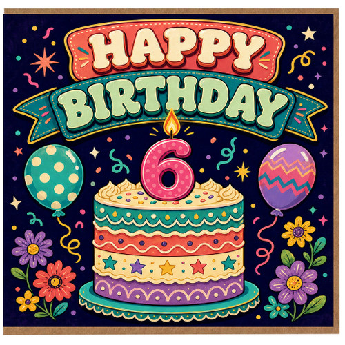 6th Birthday Card, Colourful Retro Cake and Balloon Design