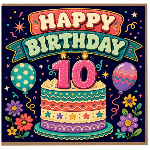 10th Birthday Card, Happy Birthday 10 Card, Retro Cake and Balloons Design