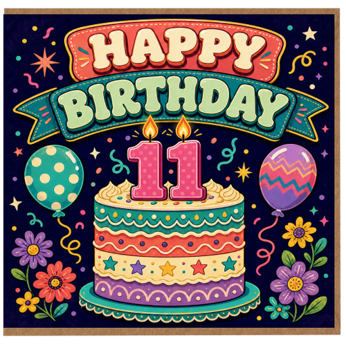 11th Birthday Card, Happy Birthday Cute Cake and Balloon Design